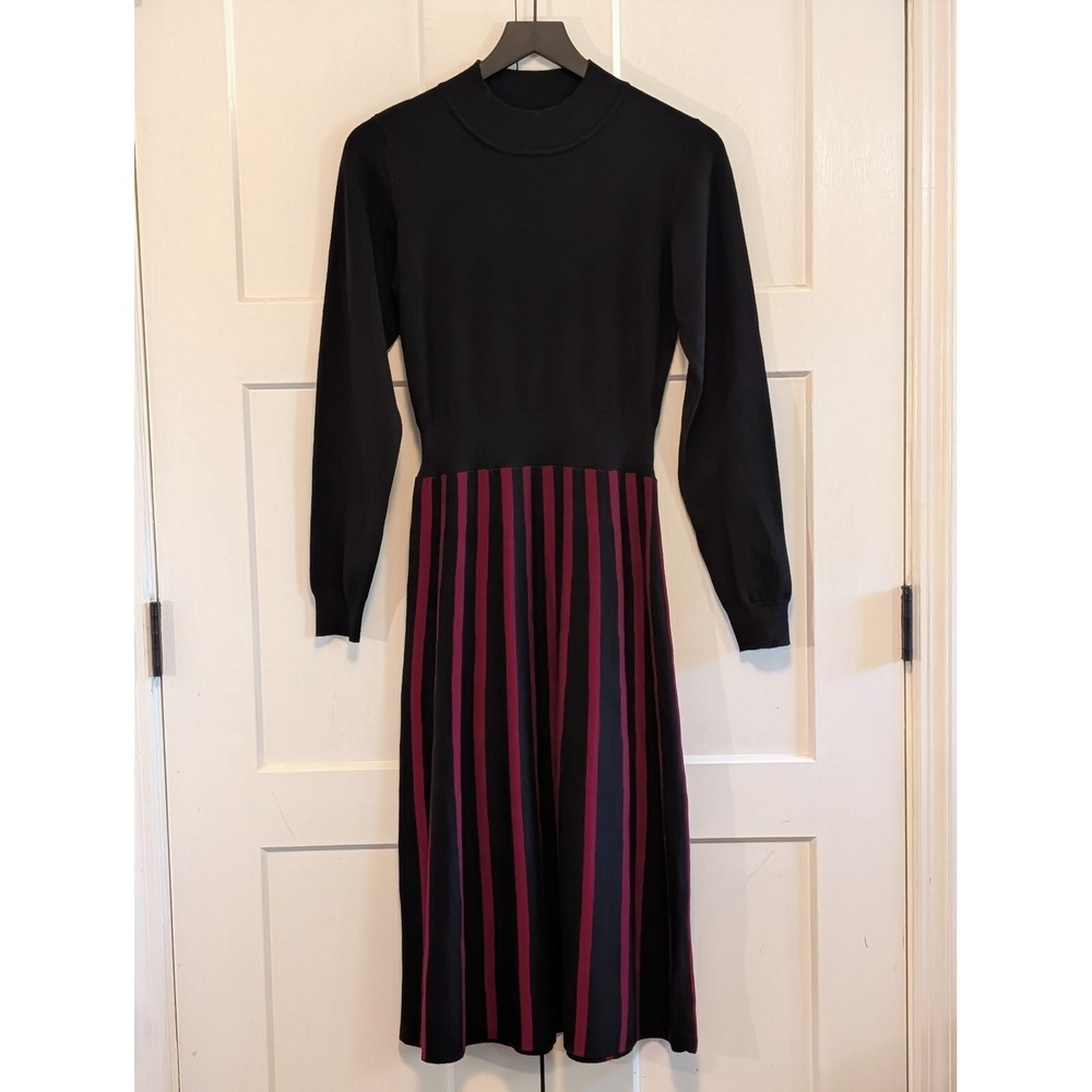 LAPIS Medium Black Burgundy Striped Midi Sweater Dress Mock Neck Long Sleeve - Picture 5 of 5
